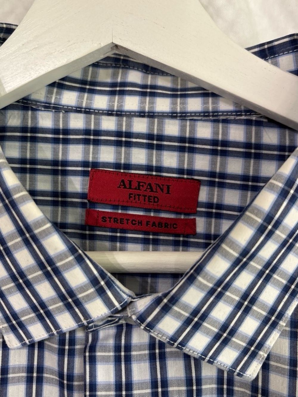 Alfani Blue and White Plaid Fitted Dress Shirt